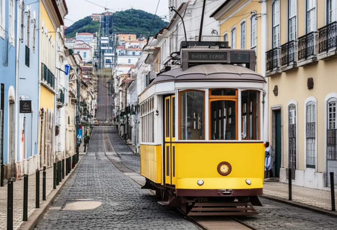 Bonde turístico histórico circulando em rua de paralelepípedos em Santos.
