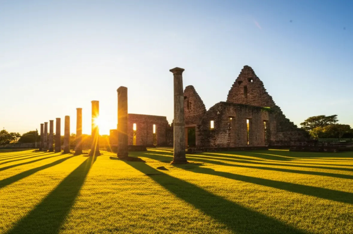 Pôr do sol dourado iluminando as colunas e arcos das ruínas de São Miguel Arcanjo.
