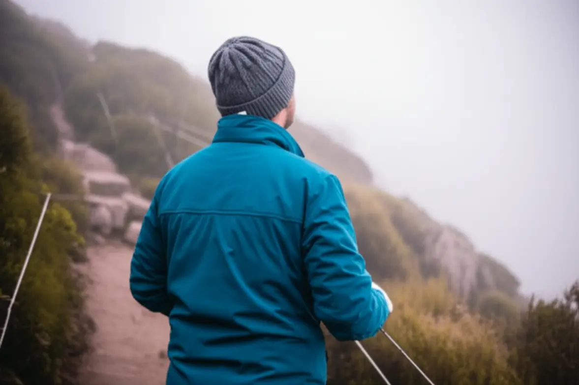 Pessoa usando casacos de inverno, luvas e gorro em uma trilha de montanha com neblina.