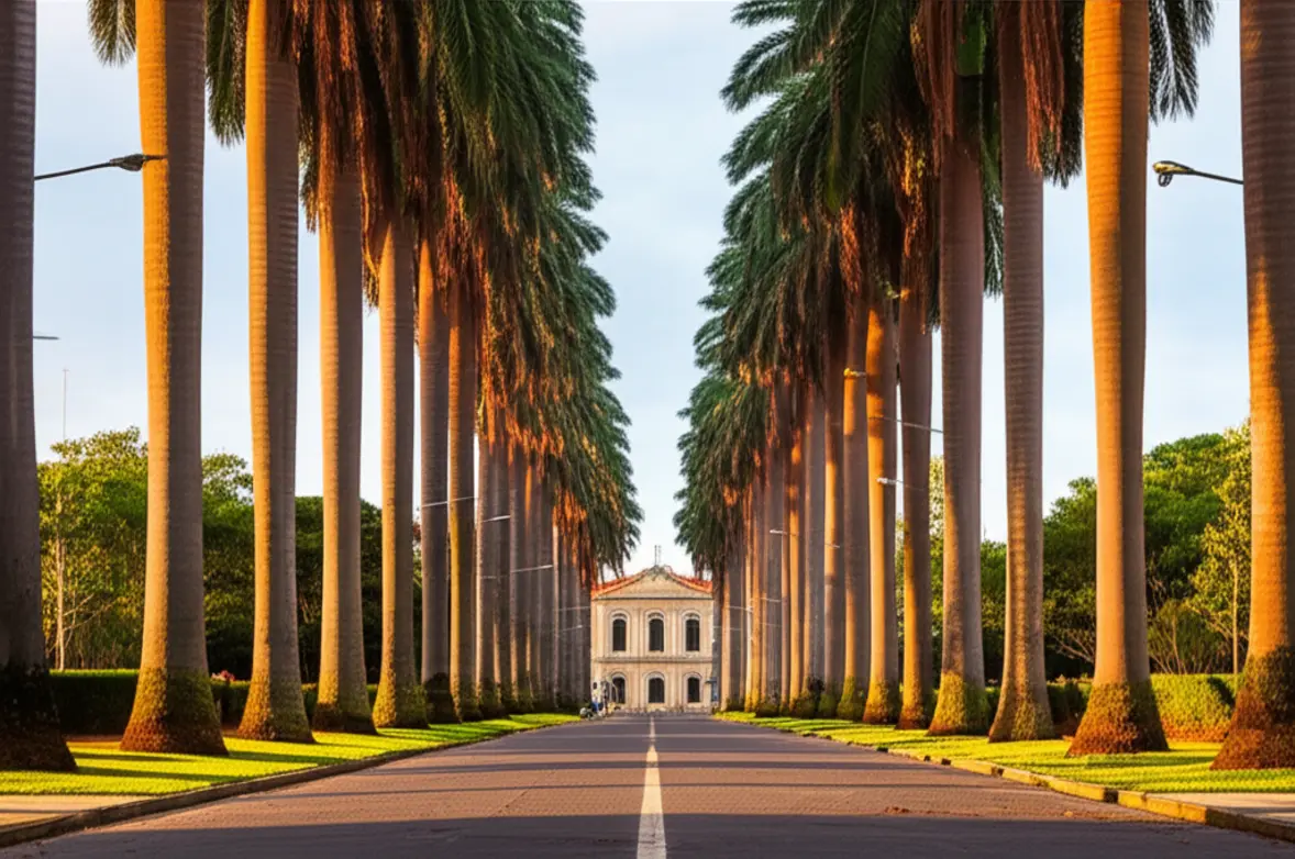 Vista simétrica da Rua das Palmeiras em Joinville com palmeiras imperiais e prédio histórico ao fundo.