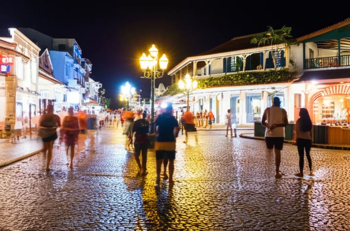 Cena noturna da Rua das Pedras, centro vibrante de Búzios.
