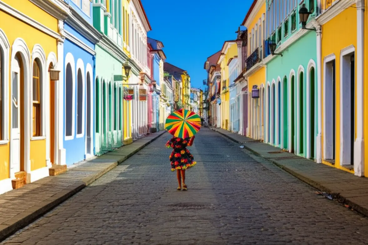Rua de paralelepípedos colorida no Recife Antigo com um dançarino de frevo.