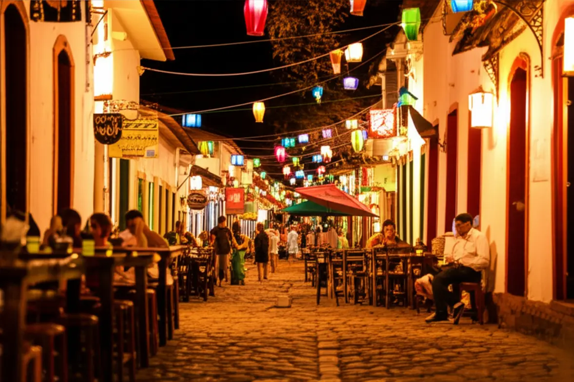 Rua do Mucugê à noite em Arraial d'Ajuda, iluminada por luzes quentes e coloridas.