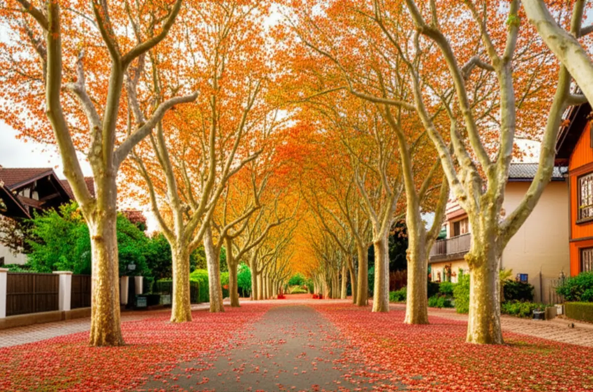 Rua arborizada em Canela no outono com folhas coloridas.