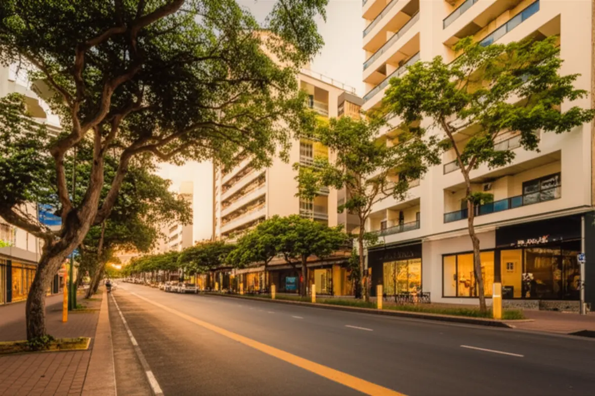 Rua sofisticada com edifícios modernos no bairro Praia do Canto.