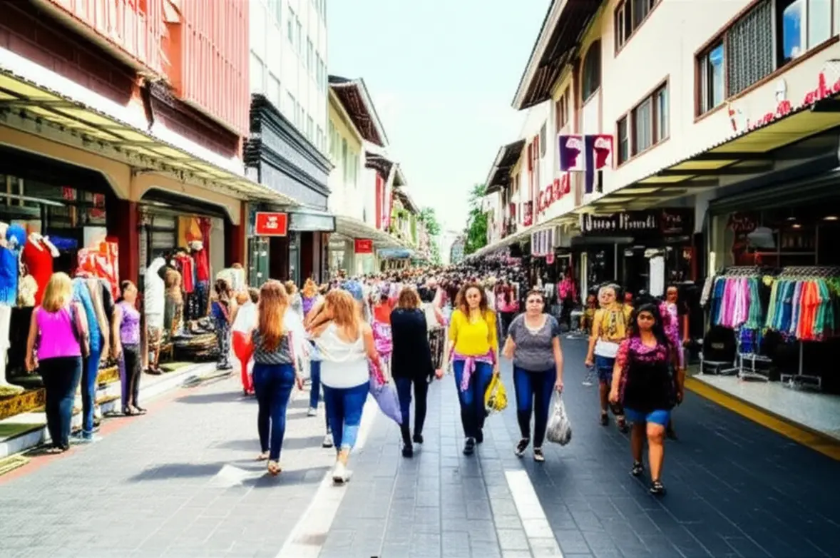 Rua Teresa em Petrópolis, movimentada com pessoas comprando roupas em lojas de moda.