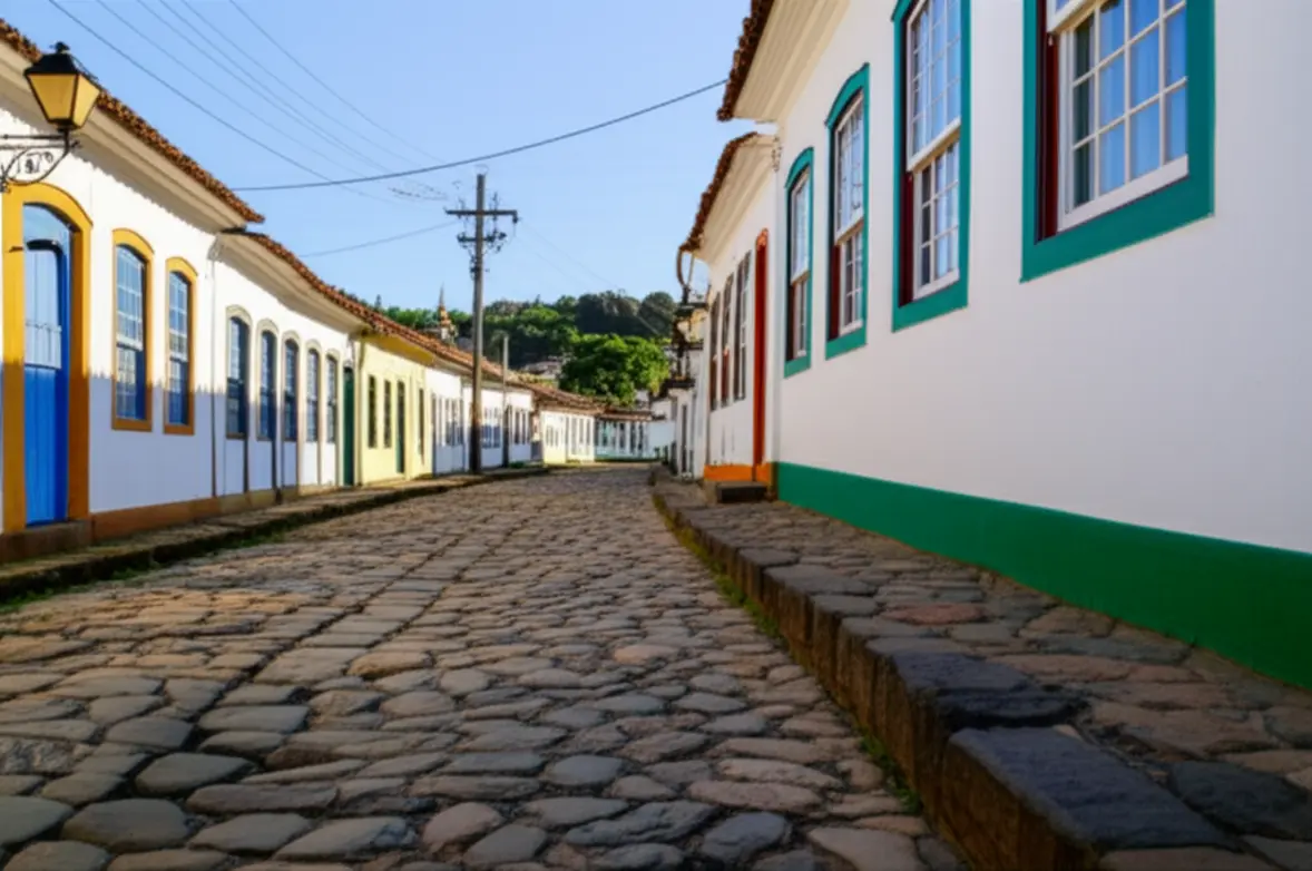 Rua estreita de paralelepípedos em Tiradentes com arquitetura colonial.