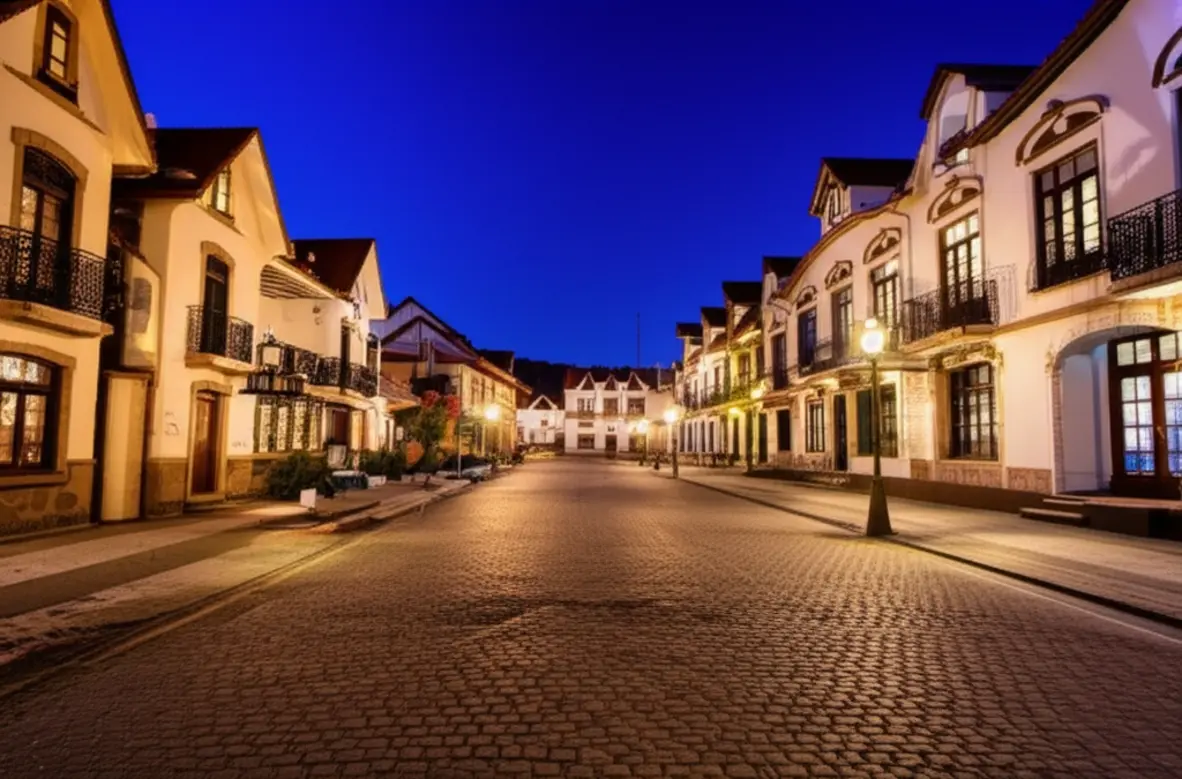 Rua residencial tranquila e segura em Gramado à noite.
