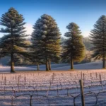 Paisagem coberta de geada em São Joaquim com vinhedos e araucárias ao fundo.