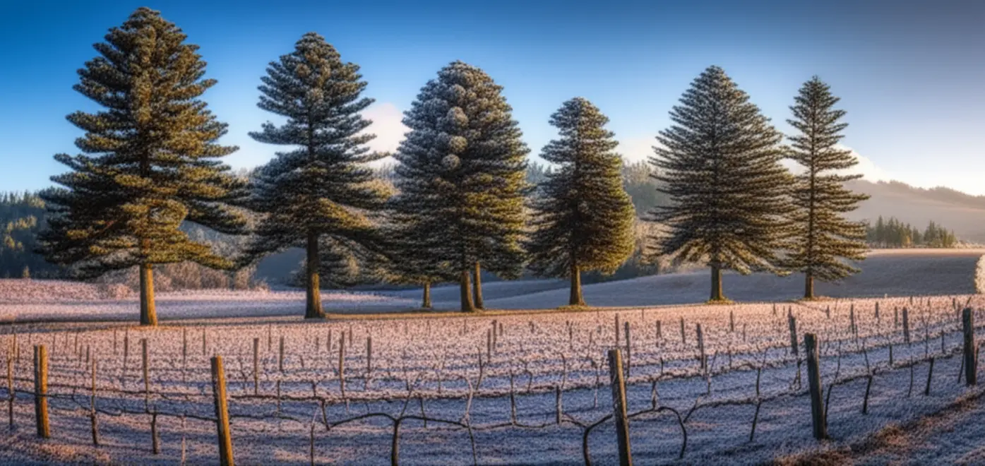 Paisagem coberta de geada em São Joaquim com vinhedos e araucárias ao fundo.