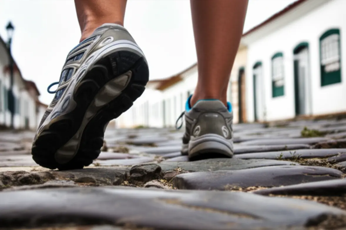 Tênis confortáveis caminhando em rua de pedra irregular em cidade colonial.