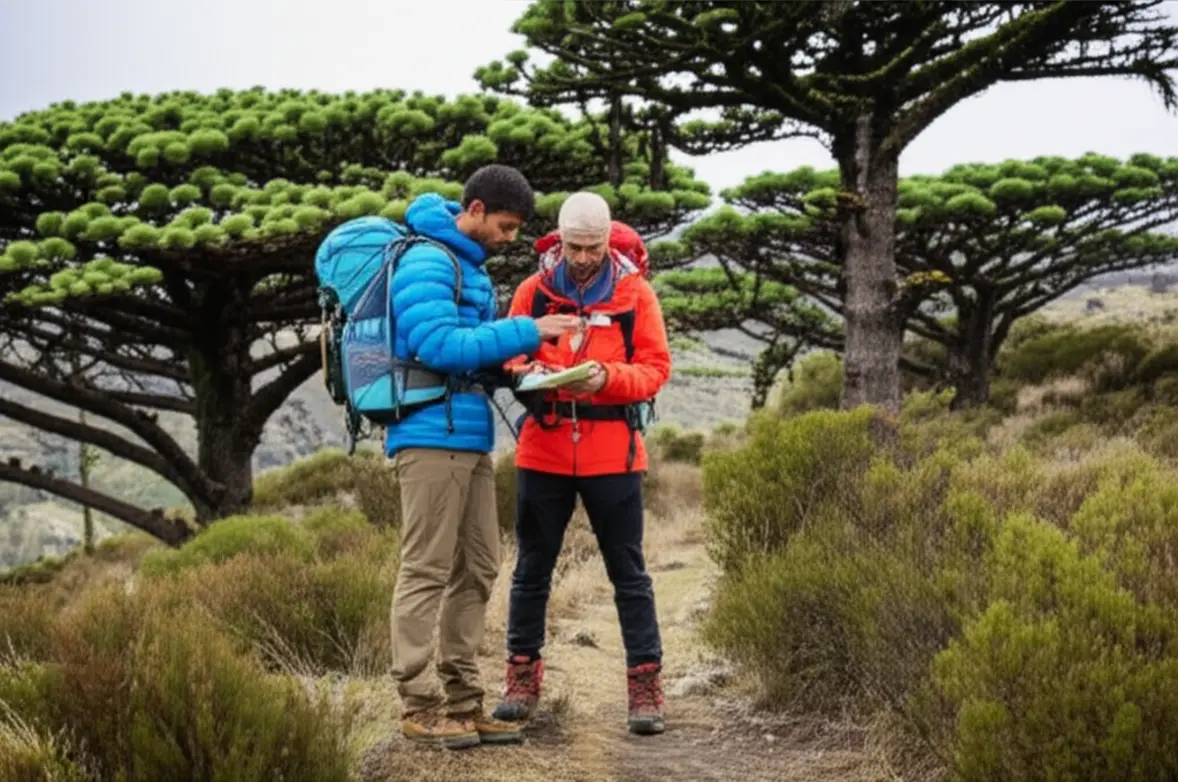 Dois caminhantes em uma trilha da Serra da Mantiqueira, vestidos com roupas de trekking, verificando o mapa.