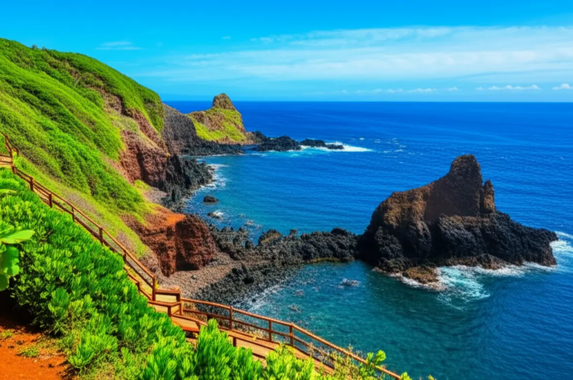 Vista de trilha protegida em Fernando de Noronha, com vegetação e mar.