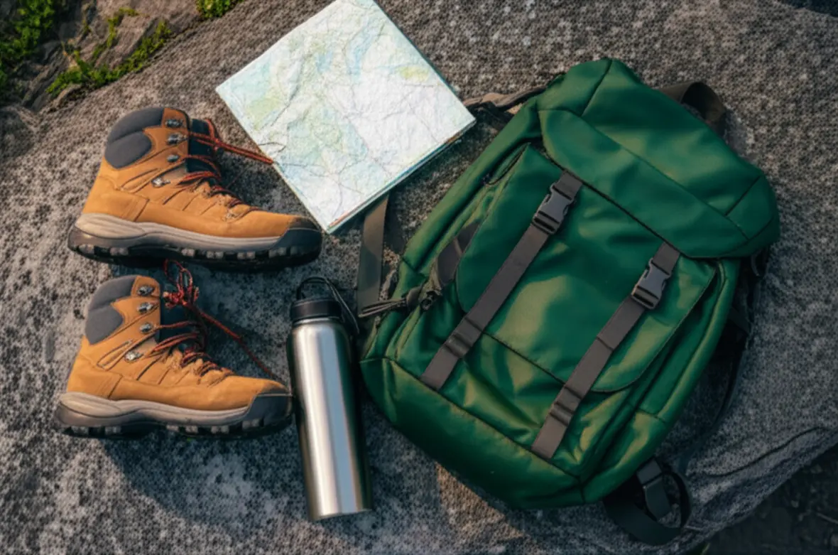 Equipamentos de trilha e mapa sobre uma superfície de pedra.