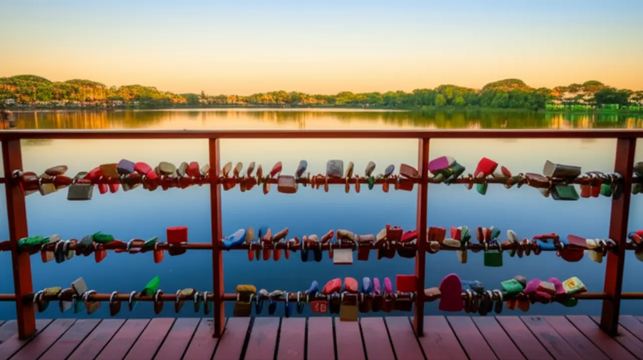 Deck de madeira com cadeados coloridos frente a um lago calmo em Holambra.