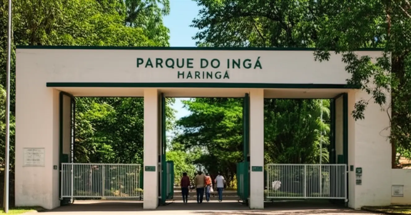 Pessoas caminhando com segurança na entrada do Parque do Ingá.