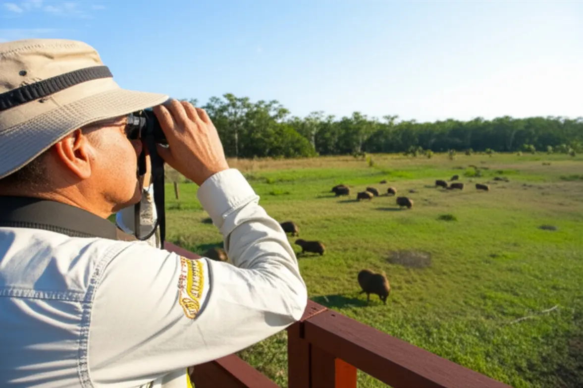 Turista observando a vida selvagem com binóculos no Pantanal.