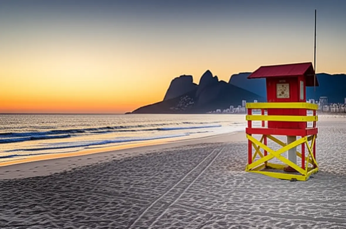 Posto de guarda-vidas em uma praia limpa de São Sebastião durante o pôr do sol.