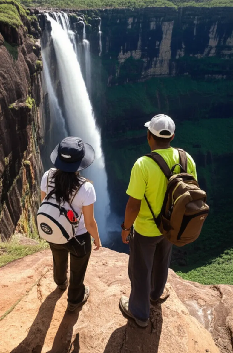 Trilheiros com guia no topo da Cachoeira da Fumaça.