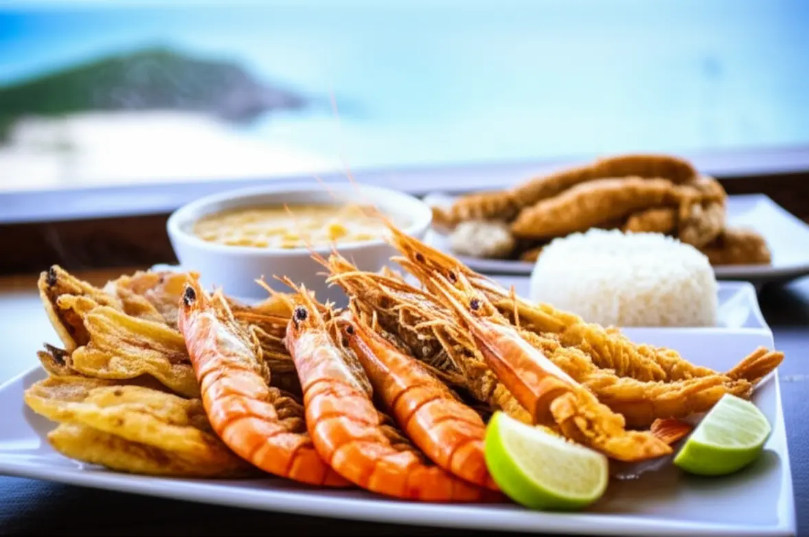 Prato de sequência de camarão com frutos do mar frescos em restaurante de Bombinhas.