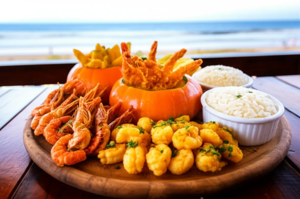 Prato de sequência de camarão fresco na mesa