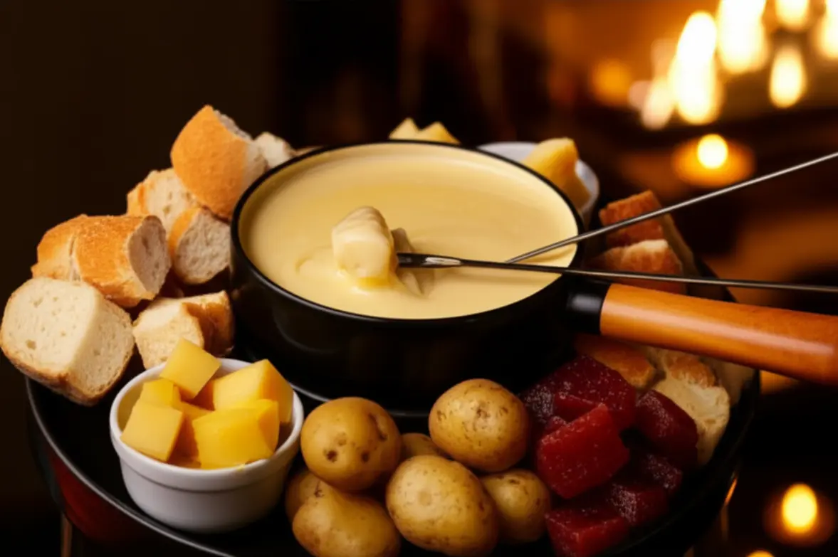Sequência de fondue de queijo em Gramado.