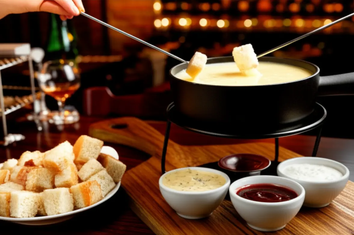 Sequência tradicional de fondue de queijo em Canela.