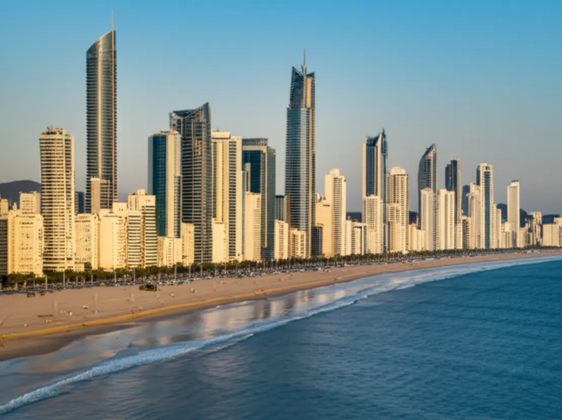 Skyline moderno de Balneário Camboriú ao pôr do sol.