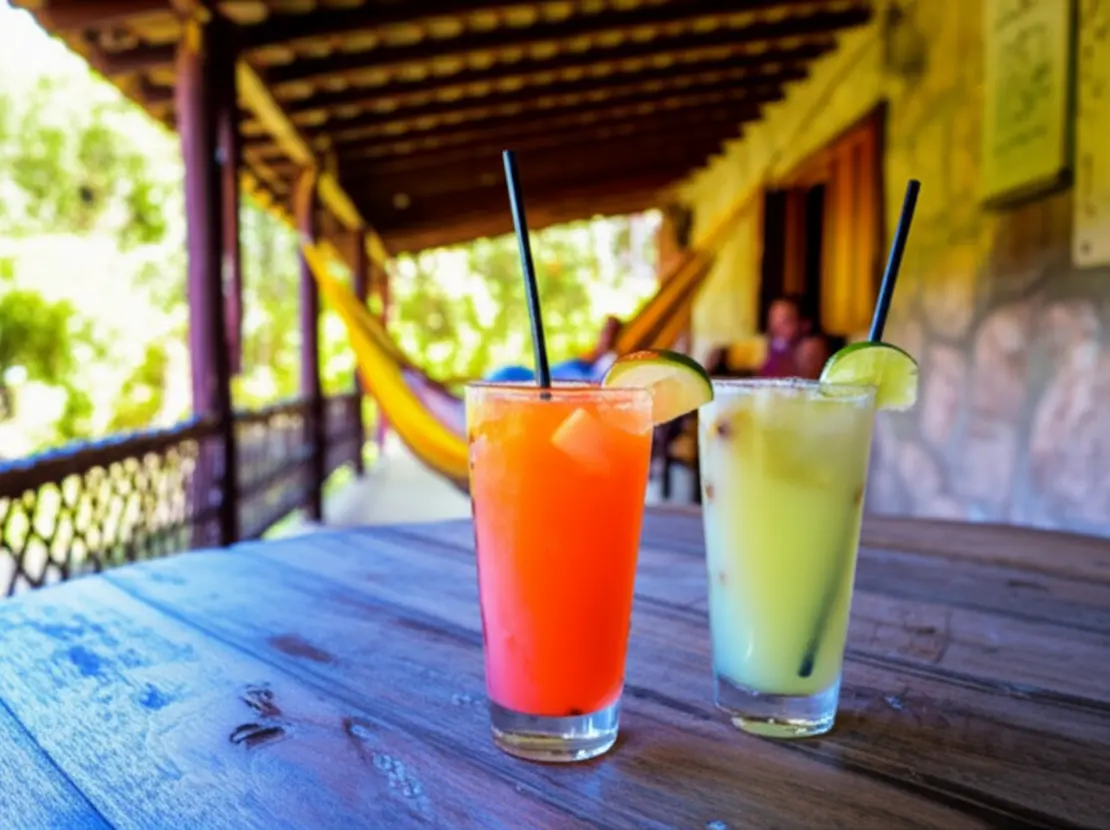 Suco de cajuína e caipirinha em mesa rústica na varanda de pousada em Atins.