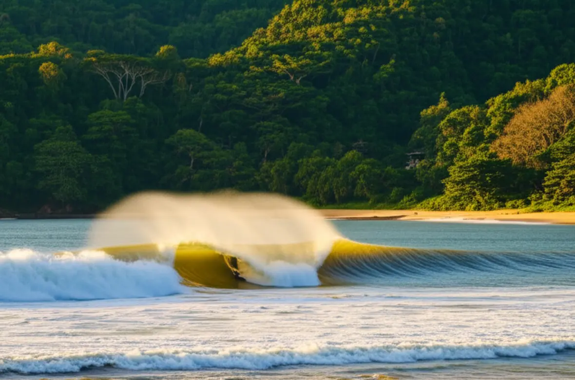 Praia selvagem com Mata Atlântica e surfista na água.