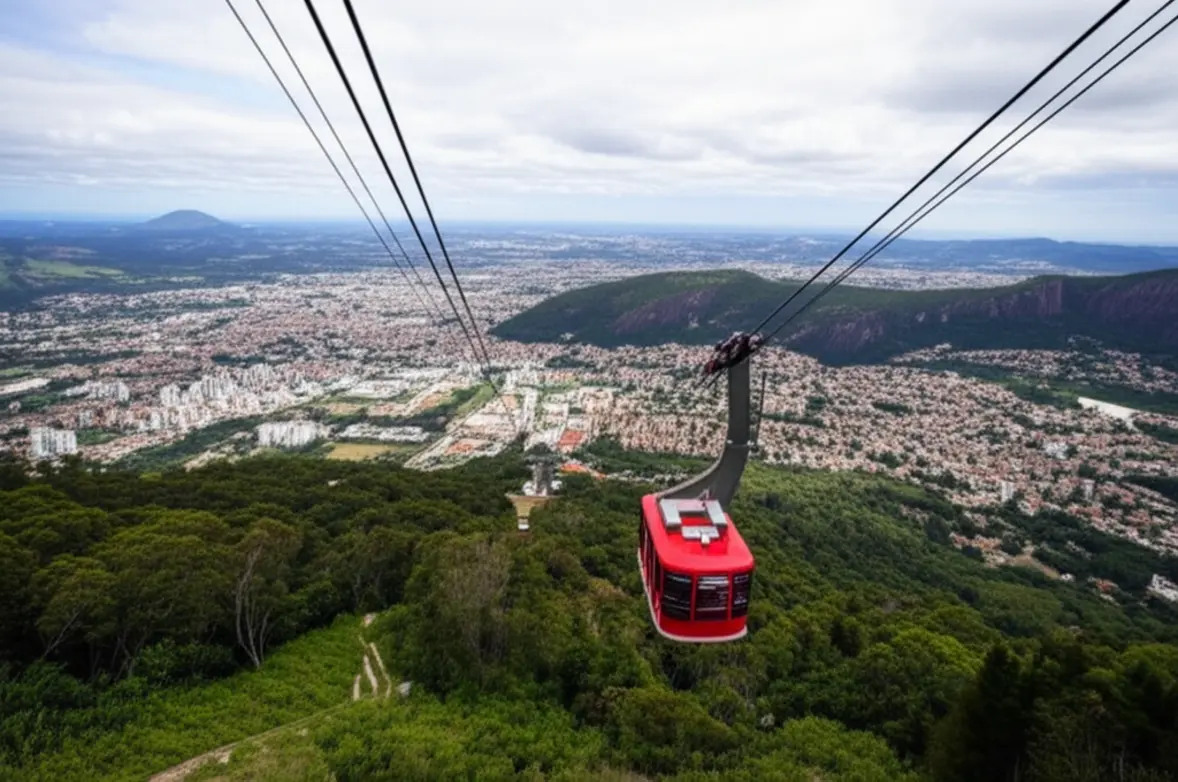 Cabine de teleférico subindo o Morro do Elefante com vista panorâmica da cidade de Campos do Jordão.