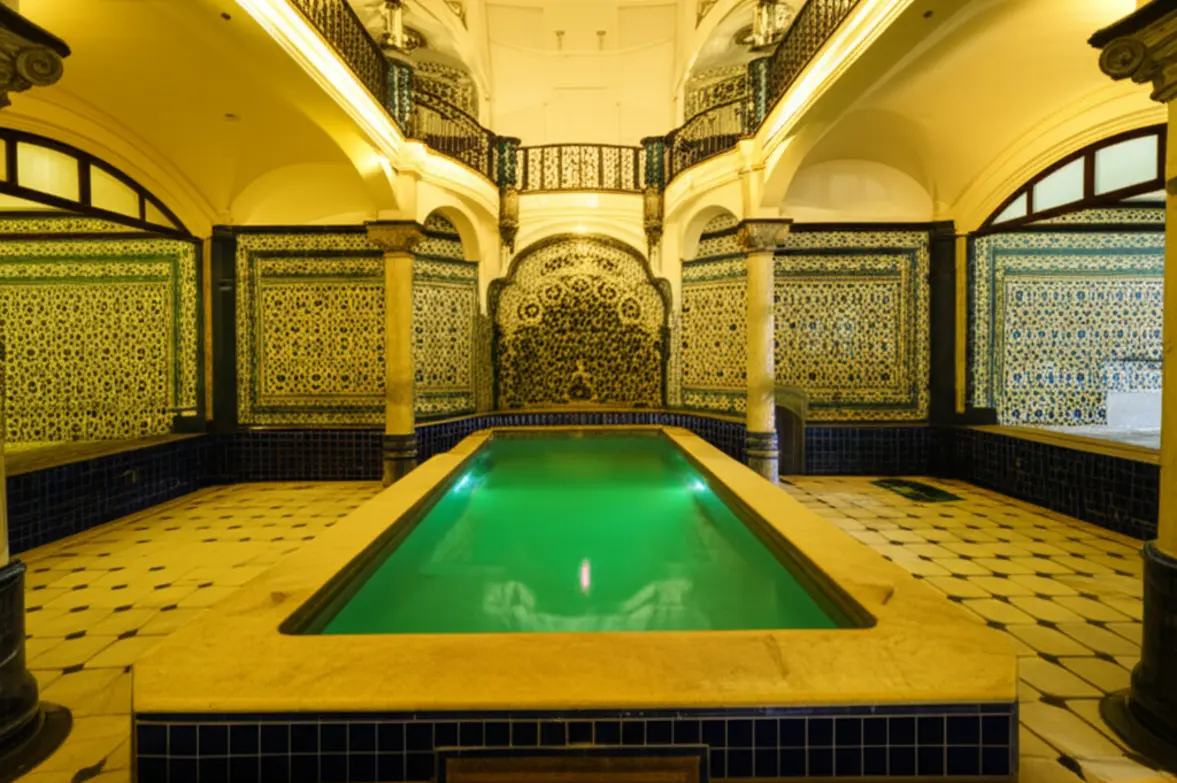 Interior de uma sala de banho nas Thermas Antônio Carlos com água sulfurosa.