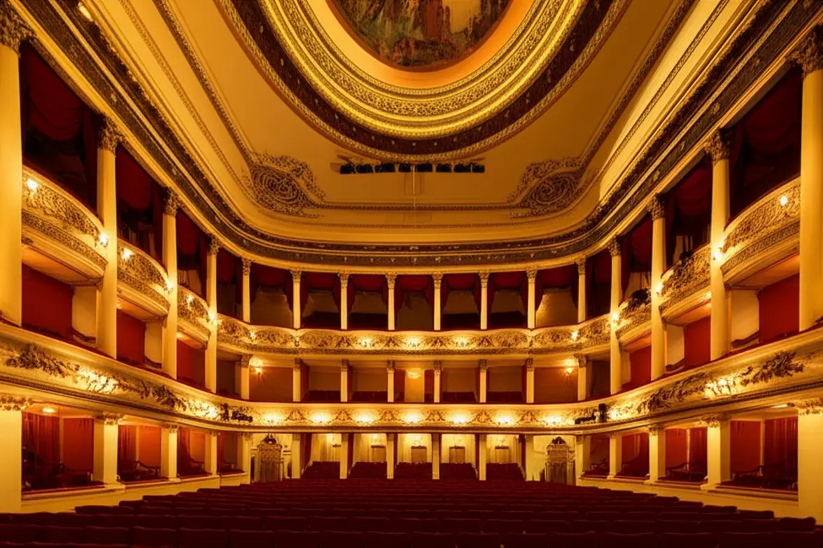 Visão interna do Theatro da Paz com seus detalhes arquitetônicos dourados.