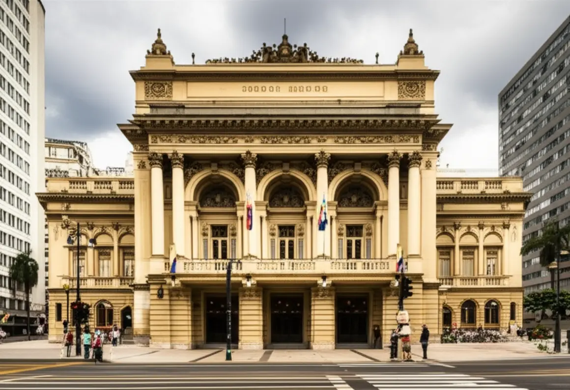 Fachada histórica e imponente do Theatro Municipal de São Paulo.
