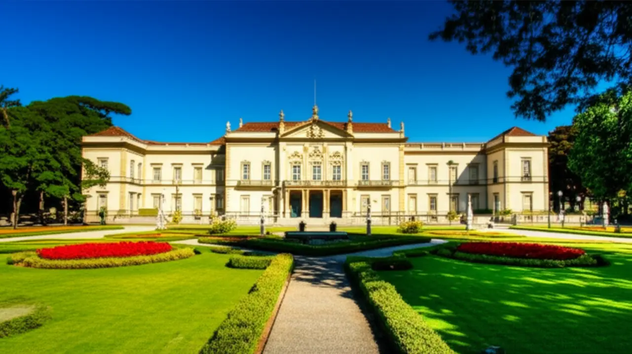 Museu Imperial de Petrópolis com jardim, sob luz dourada.