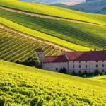 Vista panorâmica do Vale dos Vinhedos em Bento Gonçalves na hora dourada.