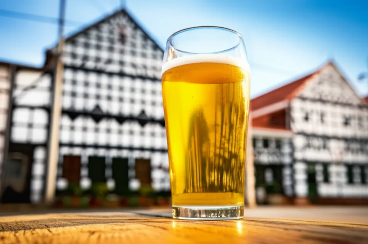 Arquitetura enxaimel em Blumenau com cerveja artesanal.