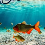 Pessoa flutuando em rio cristalino de Bonito com peixes coloridos.