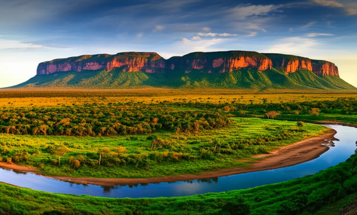 Vista panorâmica da Chapada das Mesas com montanhas em formato de mesa e pôr do sol.
