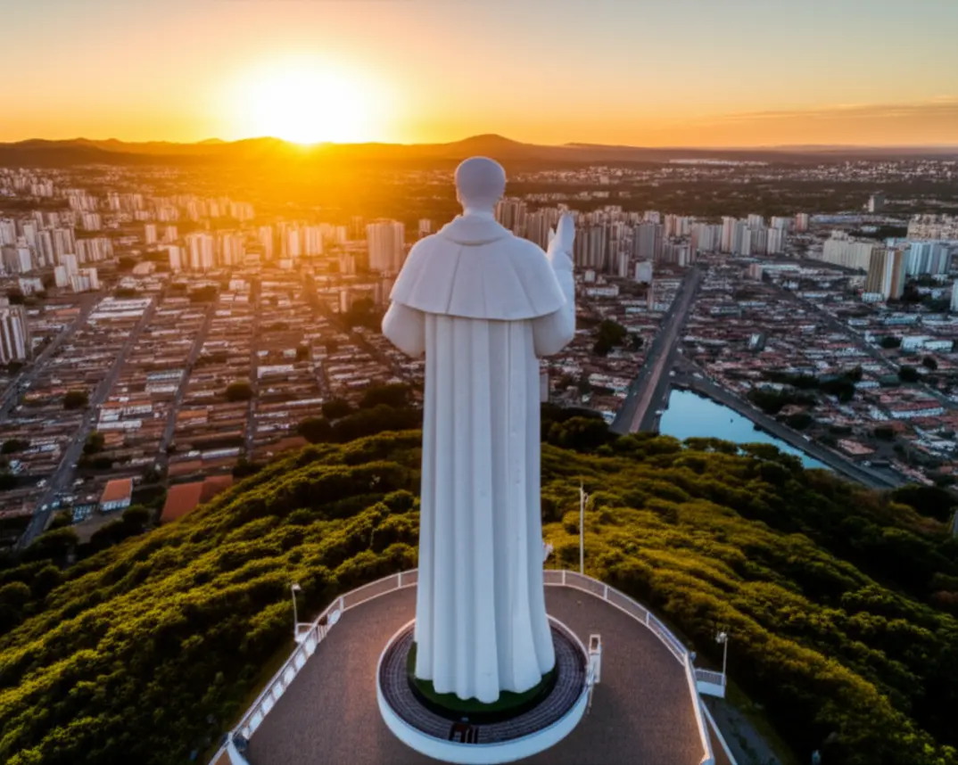 Estátua do Padre Cícero em Juazeiro do Norte durante o pôr do sol.