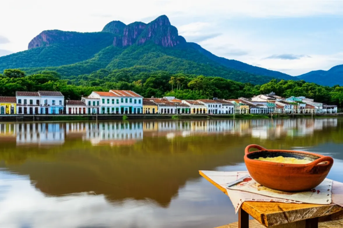 Vista panorâmica de Morretes, rio, casarões coloniais e Serra do Mar