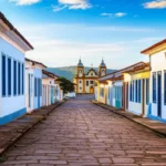 Rua de pedra colonial no Centro Histórico de Pirenópolis com casarões coloridos.