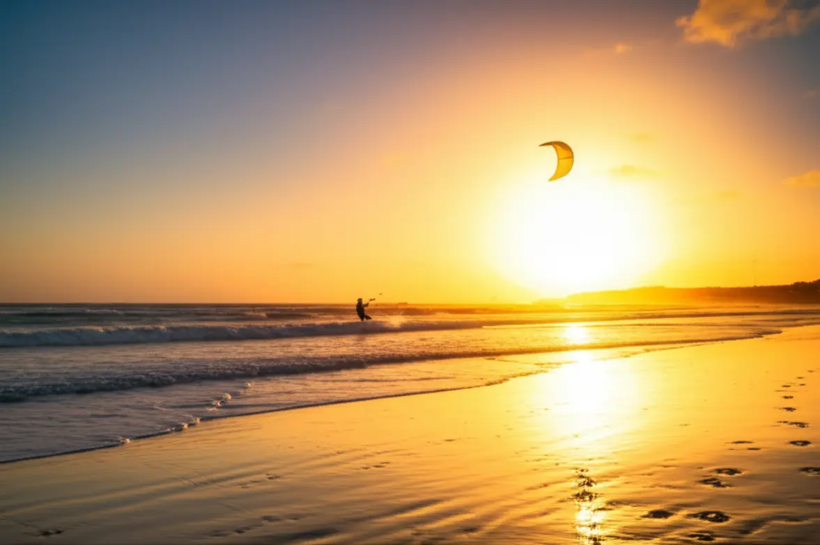 Pôr do sol dourado em São Miguel do Gostoso com kitesurfer.