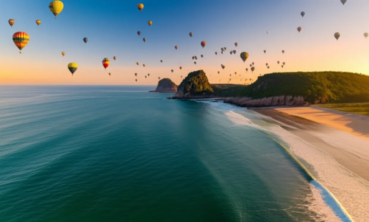 Falésias da Guarita e balões de ar quente sobre o oceano em Torres, Brasil.