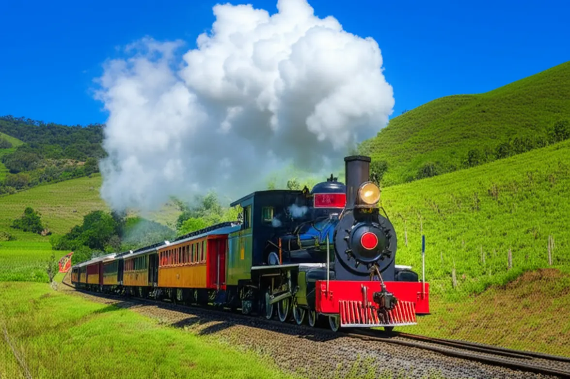 Maria Fumaça, trem do vinho, passando pela paisagem da Serra Gaúcha.