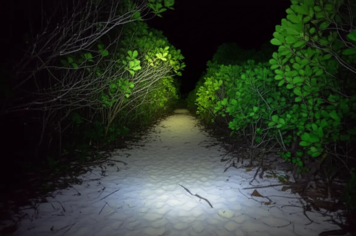 Feixe de luz de uma lanterna iluminando uma trilha escura na Ilha do Mel à noite.