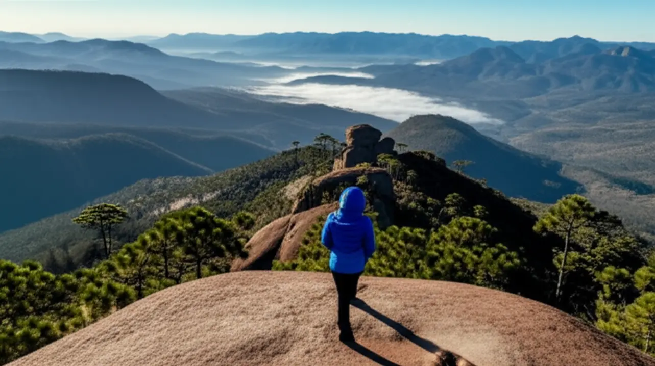 Hiker apreciando a vista deslumbrante das montanhas da Serra da Mantiqueira do pico da Pedra Redonda, em Monte Verde.