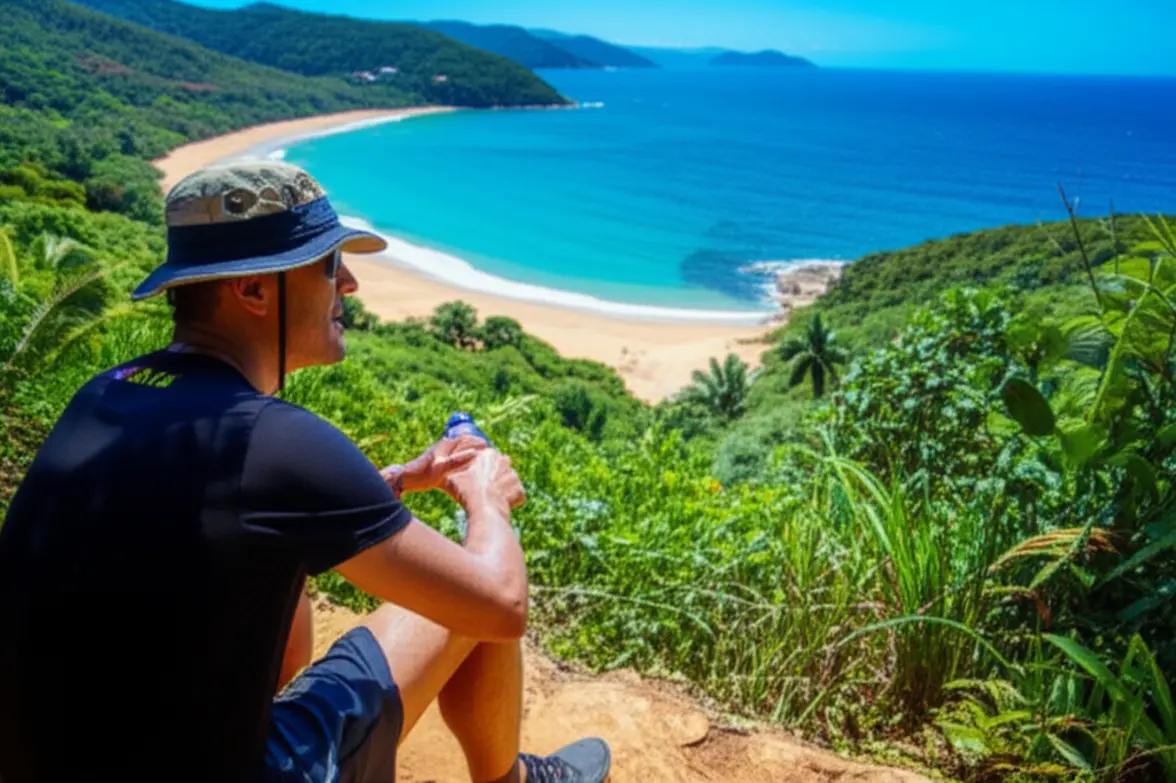 Caminhada segura em trilha na Mata Atlântica de Bombinhas com vista para o mar.