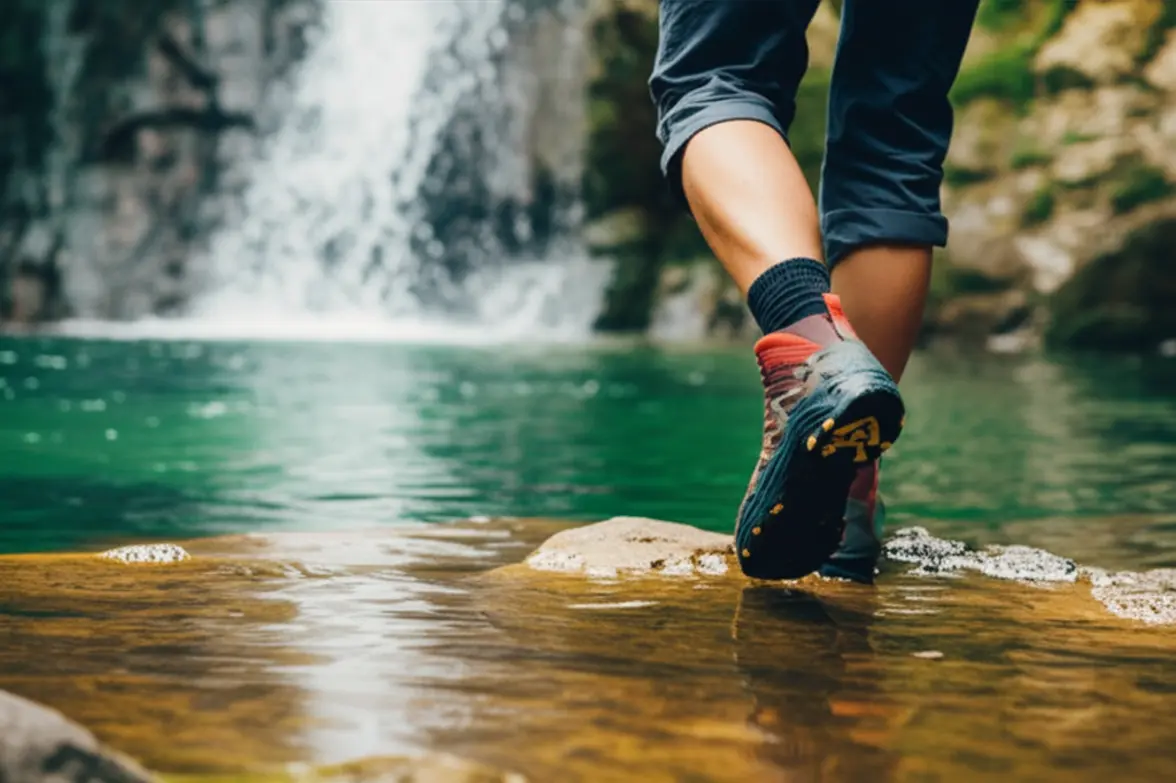 Caminhada segura em trilha molhada perto de cachoeira.