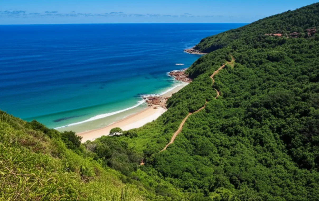 Vista panorâmica do mar e da Mata Atlântica após uma trilha.